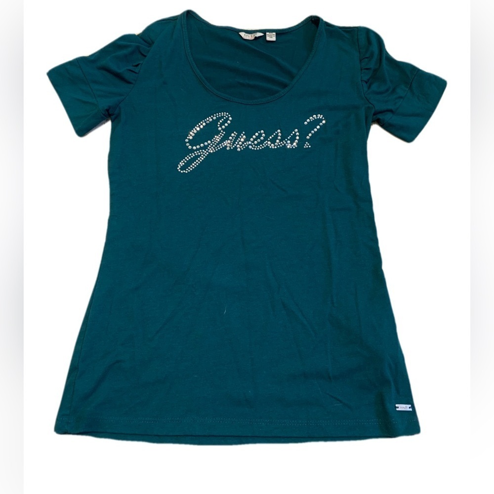 Y2K Vintage Guess Rhinestone Embellished T-Shirt Top - Dark Green M/M